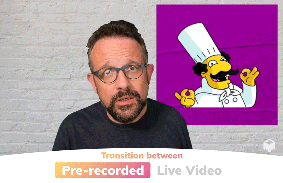 Video showing transition between pre-recorded and live clips.