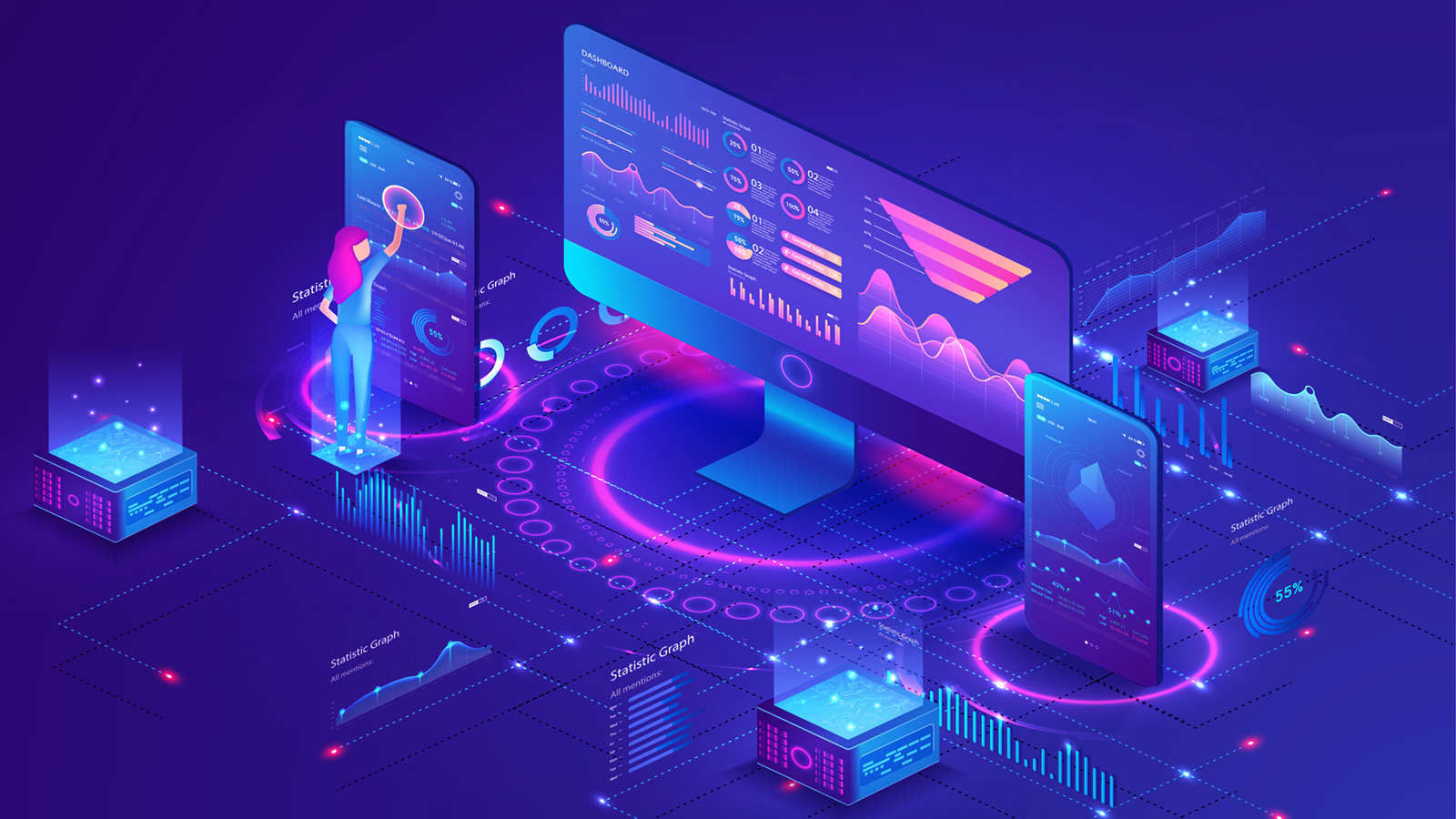 A computer and Mobile Devices displaying MarTech metrics.