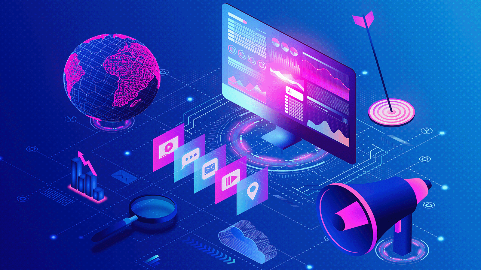 A computer displaying MarTech metrics surrounded by MarTech Icons such as a megaphone and globe.