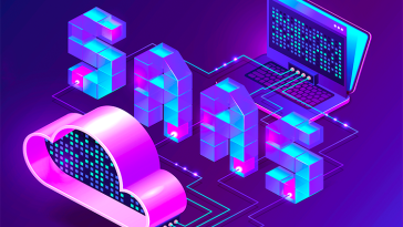 A digital cloud connected to a computer through a set of modules organized into the the word "SAAS."