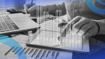 Quantitative modeling image of a person using a tablet with a 3D image of a bar graph hovering above the tablet.