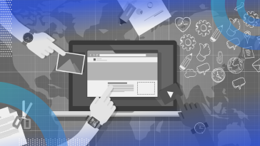 content management system (CMS) illustration of a laptop and different hands placing website components on it as if it were a bulletin board.