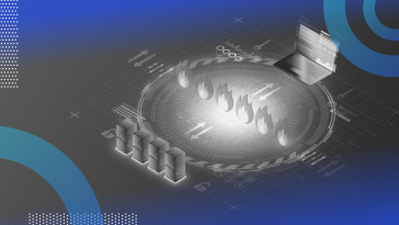 Firewall illustration of a ring with a threat on one side and computers on the other. There is a line of fireballs down the middle to suggest firewall.