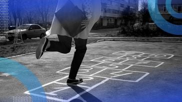 A person on a hopscotch square.