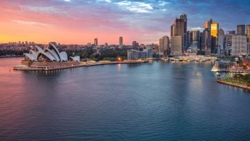 A view of the Sydney skyline featuring the Sydney Opera House and several skyscrapers.